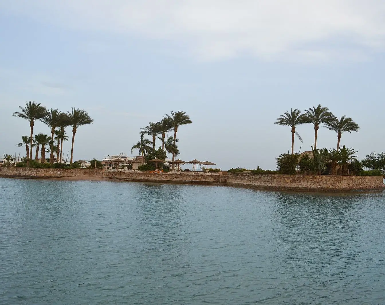 Resort shoreline and island at Hurghada on Egypt's Red Sea coast.