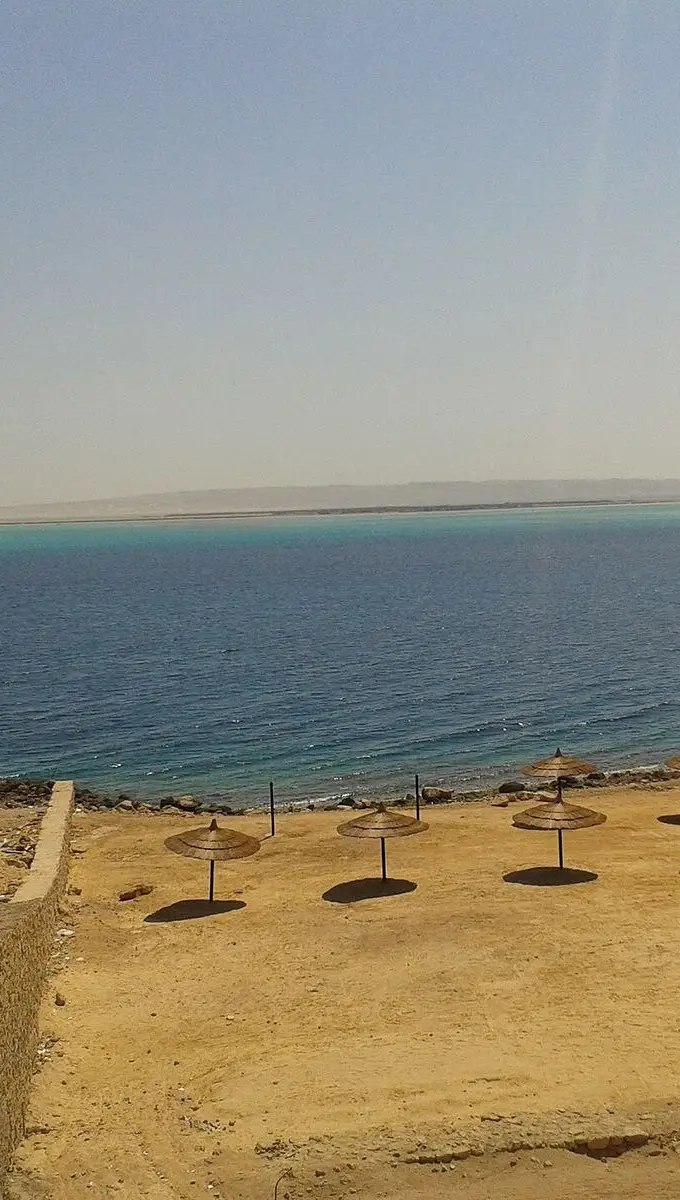 The Red Sea seen from the shoreline at Hurghada on a clear day.