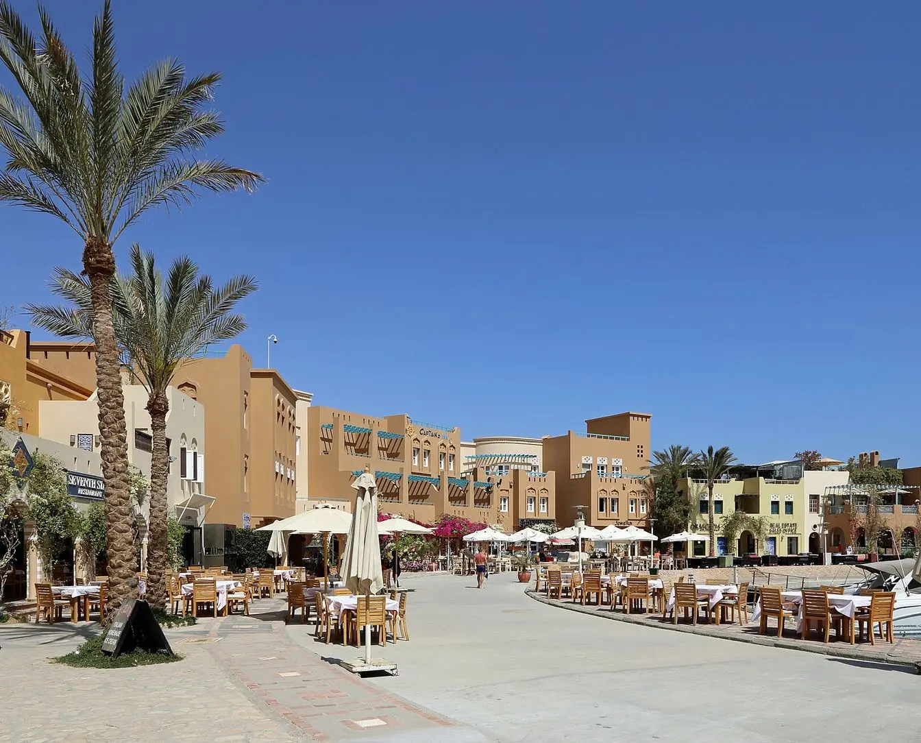 Waterfront buildings and moored boats at Abu Tig Marina in El Gouna, the Red Sea resort town that hosts the El Gouna Film Festival.