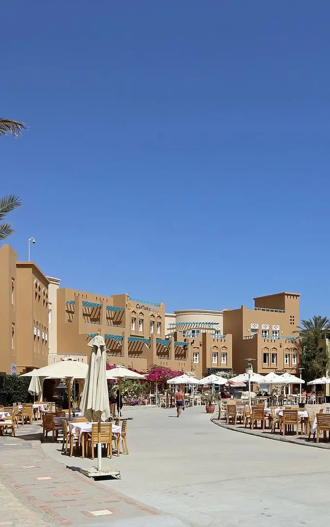 Waterfront buildings and moored boats at Abu Tig Marina in El Gouna, the Red Sea resort town that hosts the El Gouna Film Festival.