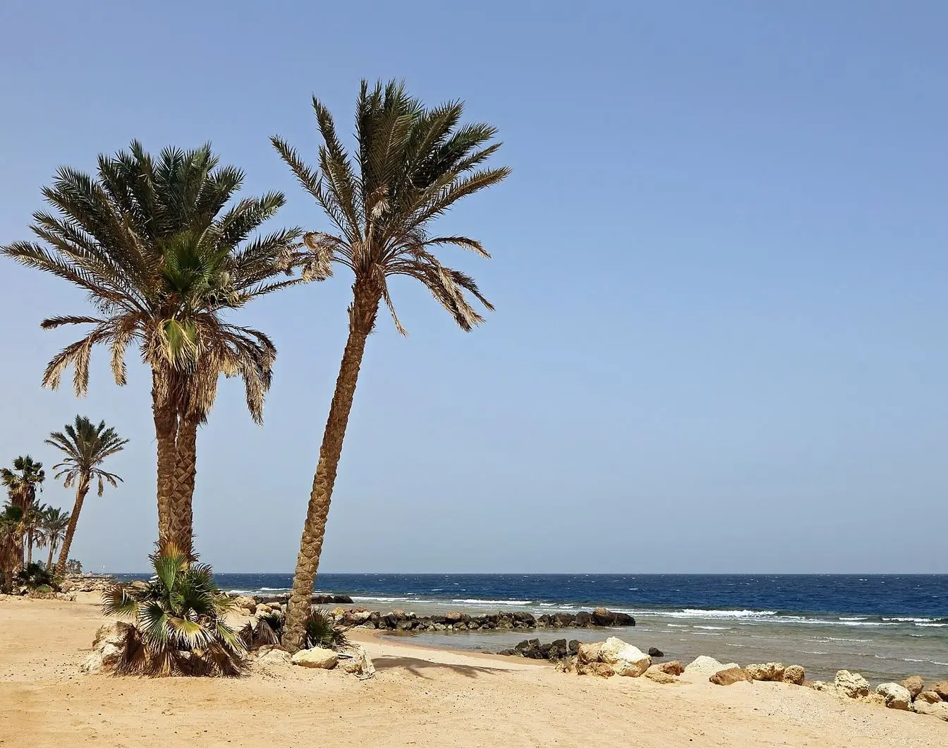 The Red Sea shoreline at Hurghada on a clear day.