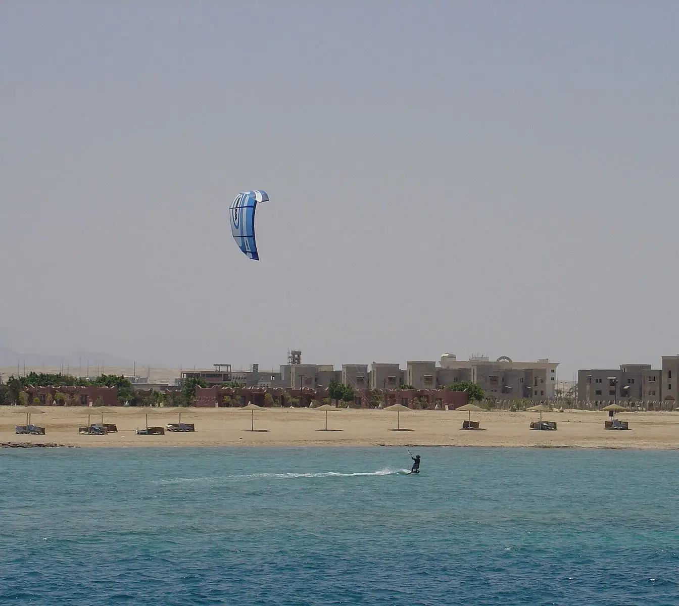 A kitesurfer in the water off Egypt's Red Sea coast near Hurghada