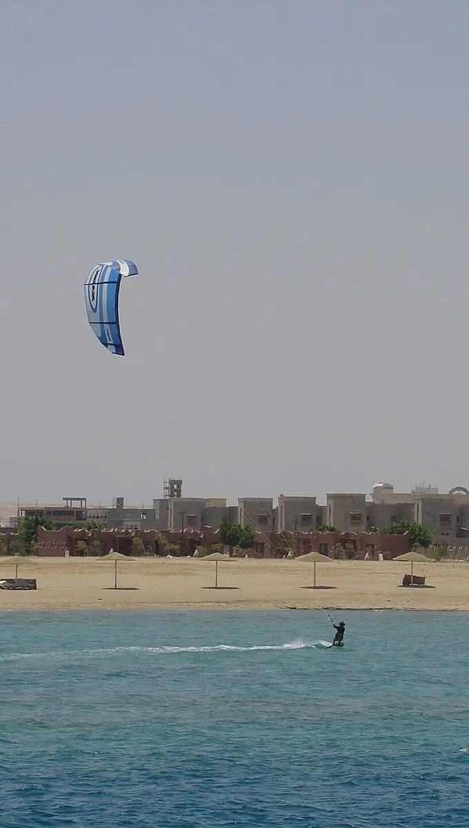 A kitesurfer in the water off Egypt's Red Sea coast near Hurghada