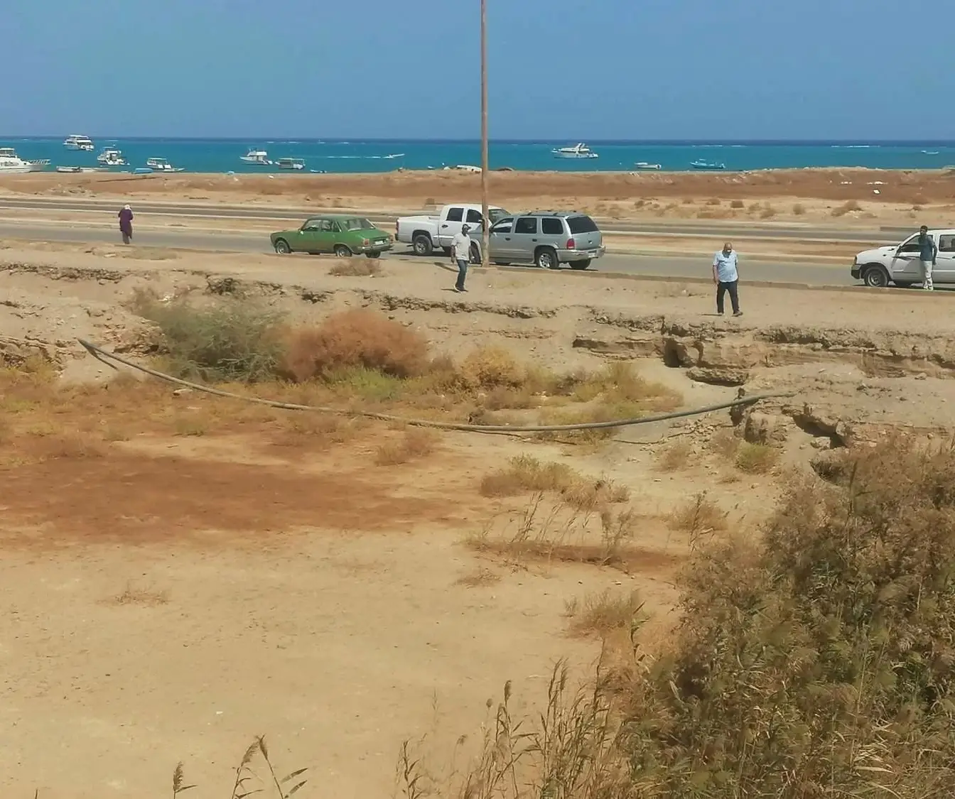 An open stretch of sandy, scrub-covered ground beside a coast road, with cars and pickups passing and small boats moored on the blue sea behind. Published with the Al-Masry Al-Youm report on the land set aside in Marsa Alam.
