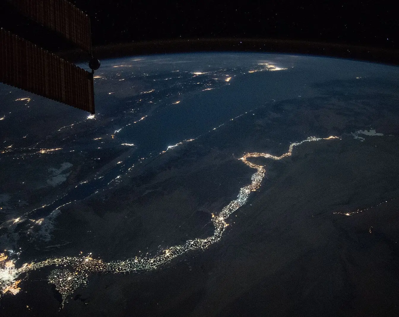 A satellite photograph of Egypt taken from the International Space Station by NASA. The image is a general view of the country and does not show the forecast rain.