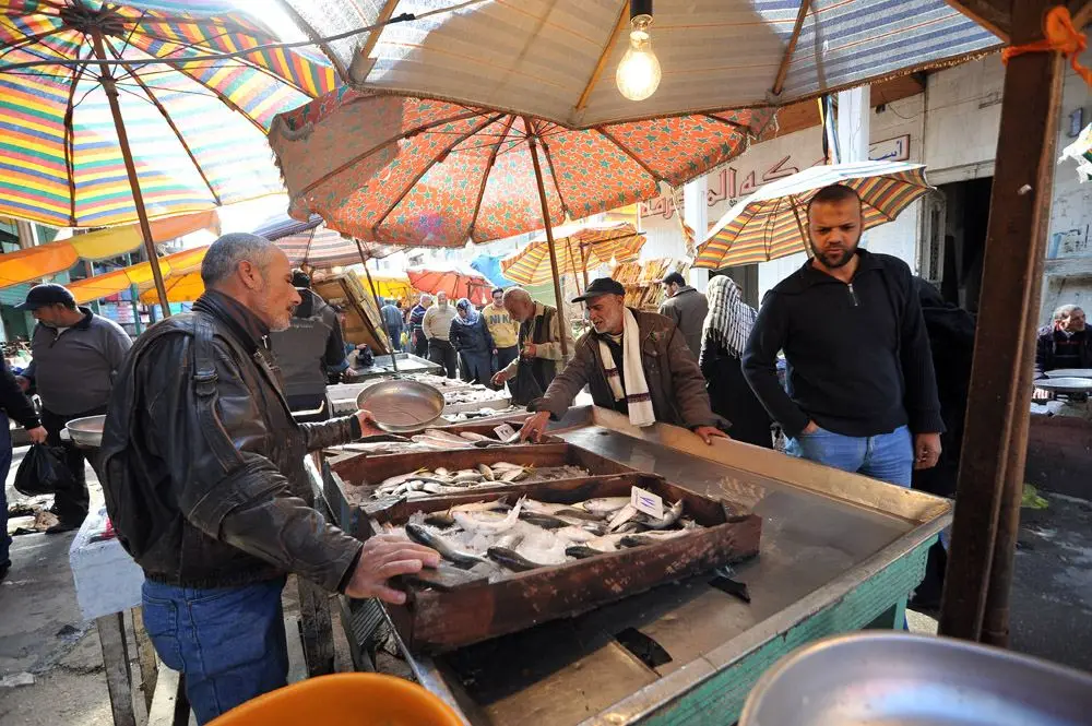 Representative file photo: shoppers and a seller at an Egyptian fish market stall, small fish laid out in a wooden tray under market parasols. Not a photograph of the Hurghada markets surveyed in the study.