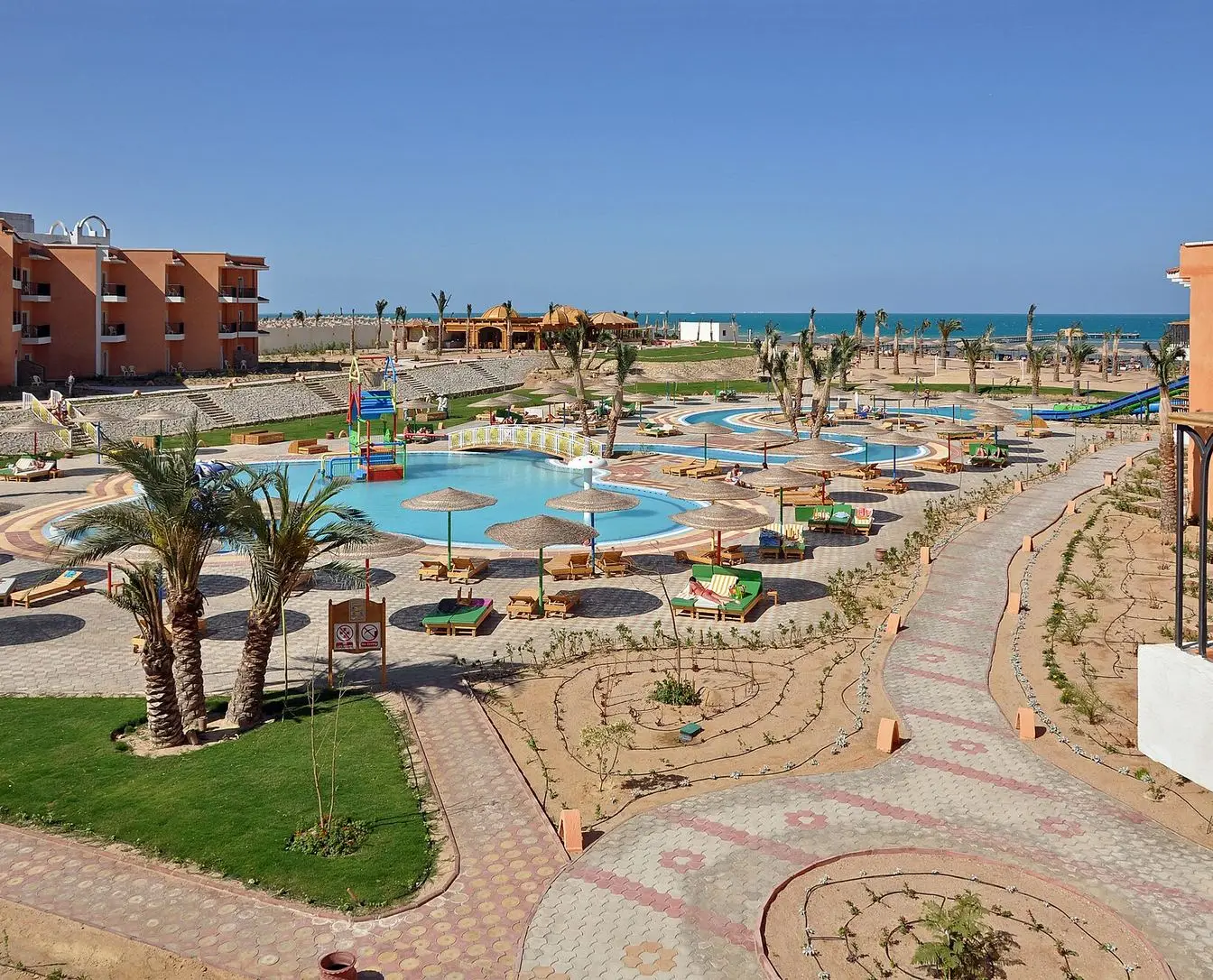 Beach and sun loungers at a resort hotel in Hurghada on the Red Sea coast