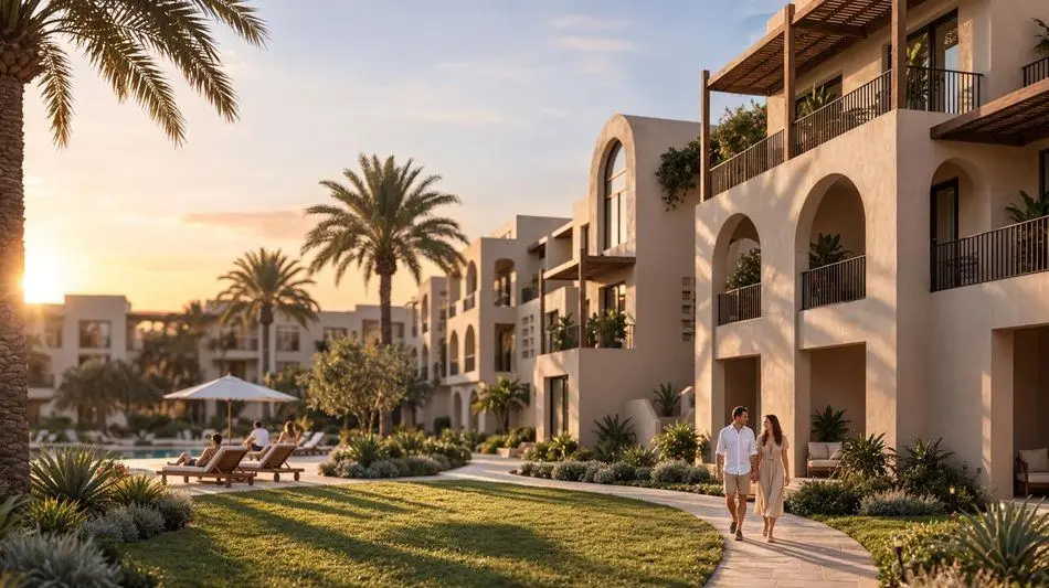 Developer's visualisation of Najan: low-rise cream buildings with arches and balconies along a paved walkway, with palms, lawn and a pool at sunset. Supplied by the developer; it is a computer rendering, not a photograph of a built development.