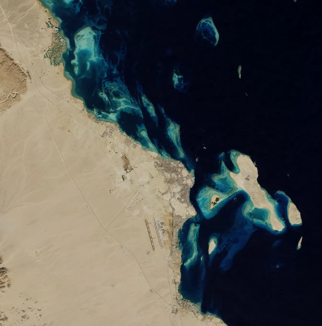 A 2014 NASA Landsat satellite image showing the built-up resort development of El Gouna on Egypt's Red Sea coast.