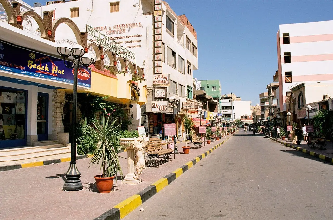 A market street in Hurghada's El Dahar bazaar district, Egypt (general location view, not the specific shops in this case)