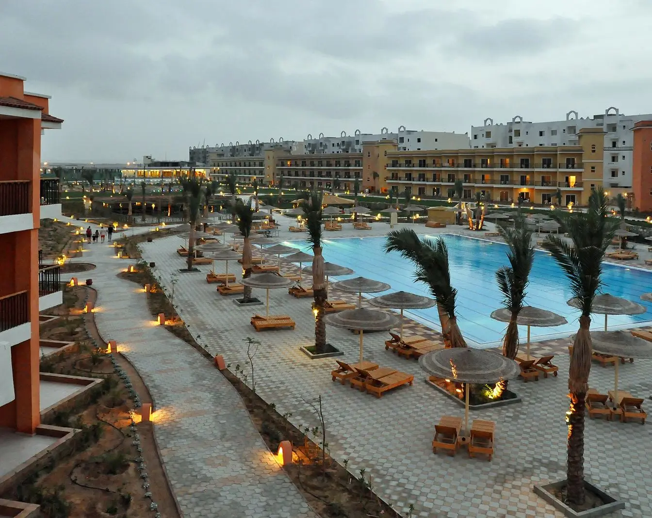 Hotel buildings and palm trees at a beach resort in Hurghada, Egypt