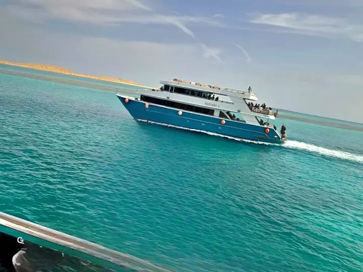 View of the Red Sea coastline near Hurghada, Egypt, with calm blue water