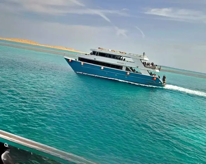 View of the Red Sea coastline near Hurghada, Egypt, with calm blue water