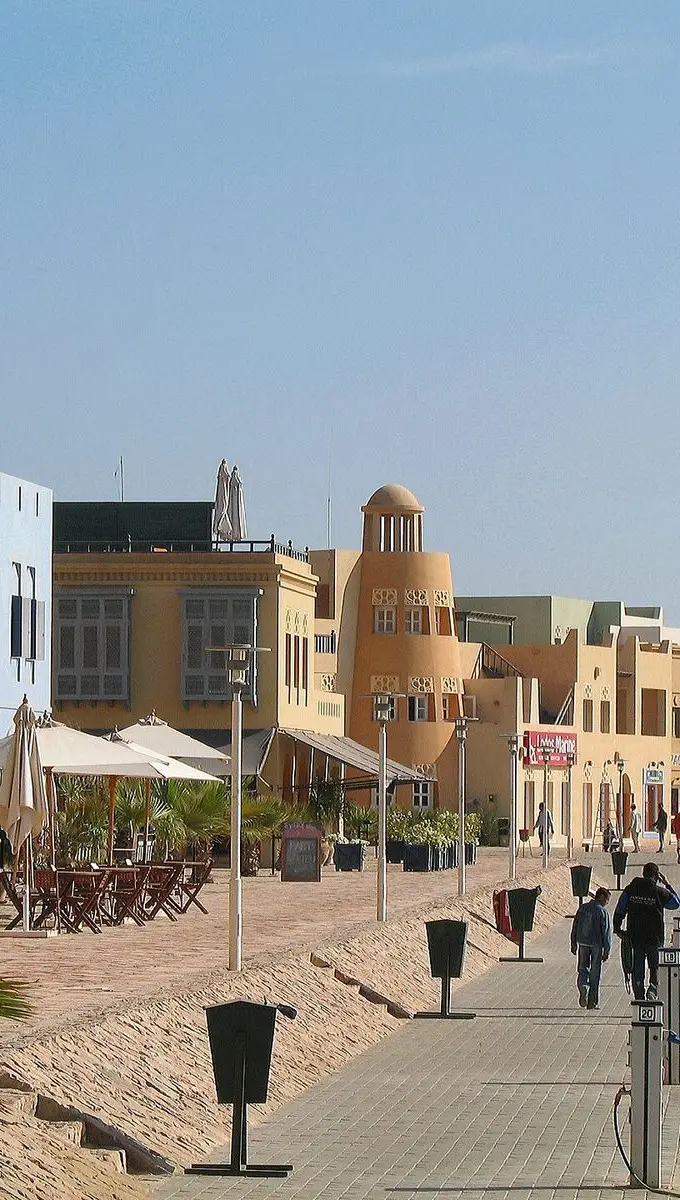 View of El Gouna, a resort town on Egypt's Red Sea coast, with waterways and buildings