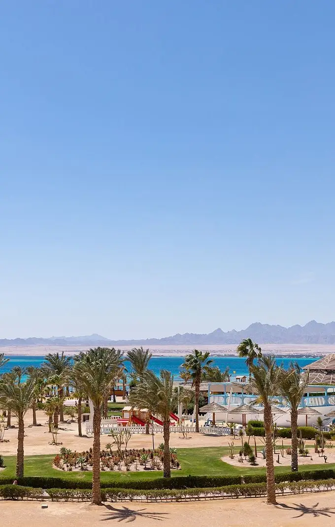 Aerial view of the sandy beach and turquoise shallow water at Soma Bay, Egypt