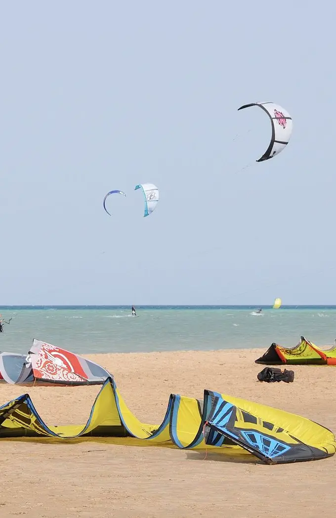 A waterfront scene in El Gouna, Egypt, showing lagoons and buildings along the Red Sea coast