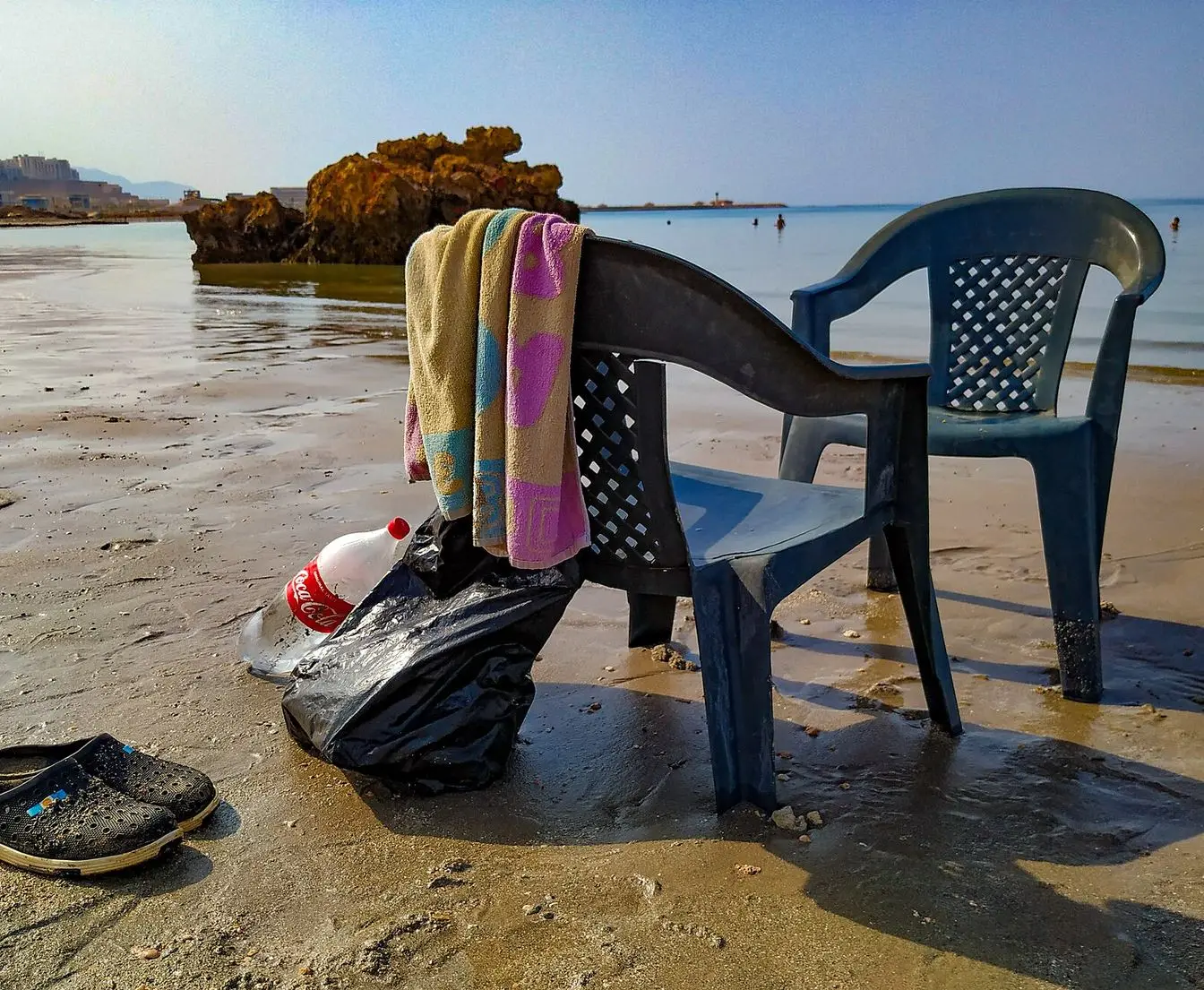 Shore of the Red Sea at Ain Sokhna, Suez, Egypt, showing calm water meeting the coastline
