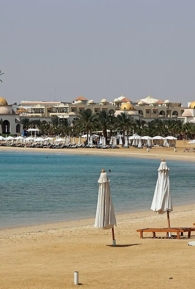 A view of Sahl Hasheesh on Egypt's Red Sea coast, showing calm bay waters and coastal architecture