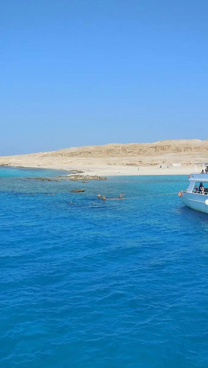 View from a boat trip on the Red Sea near Hurghada, showing calm blue water under a clear sky