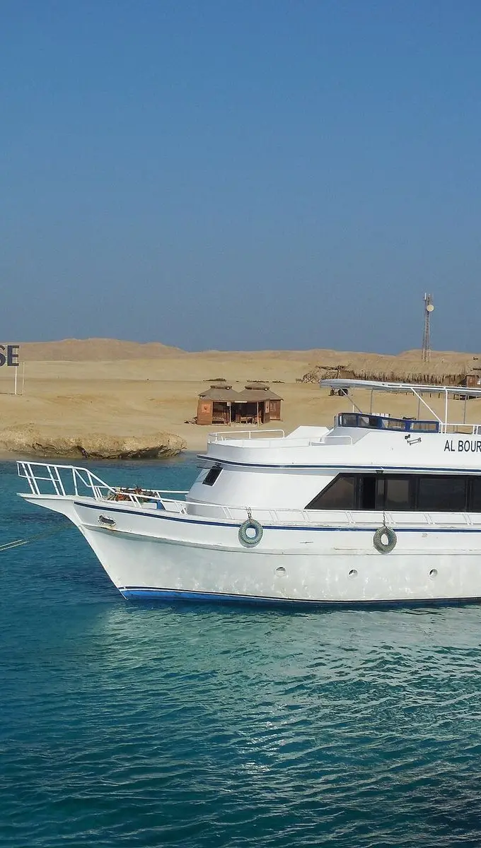 View from a boat trip on the turquoise Red Sea waters near Hurghada, Egypt