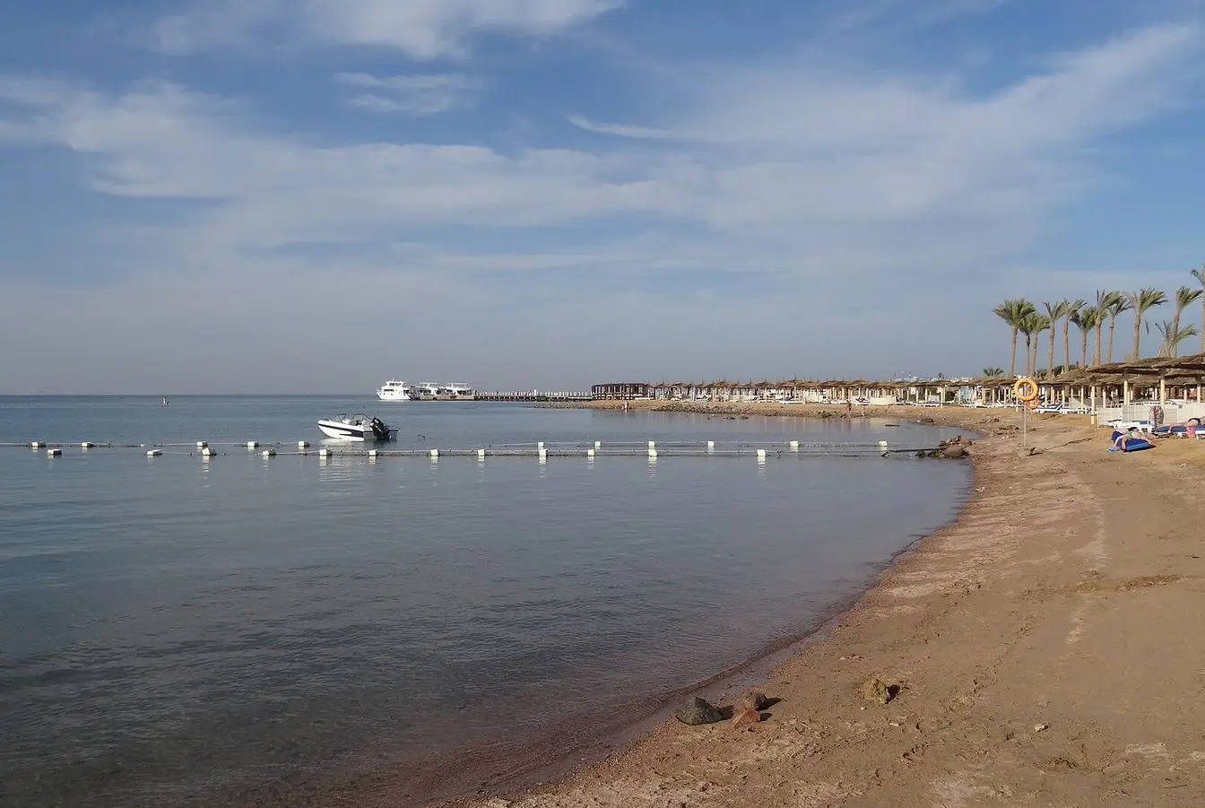 A quiet Red Sea beach with calm turquoise water along the shore