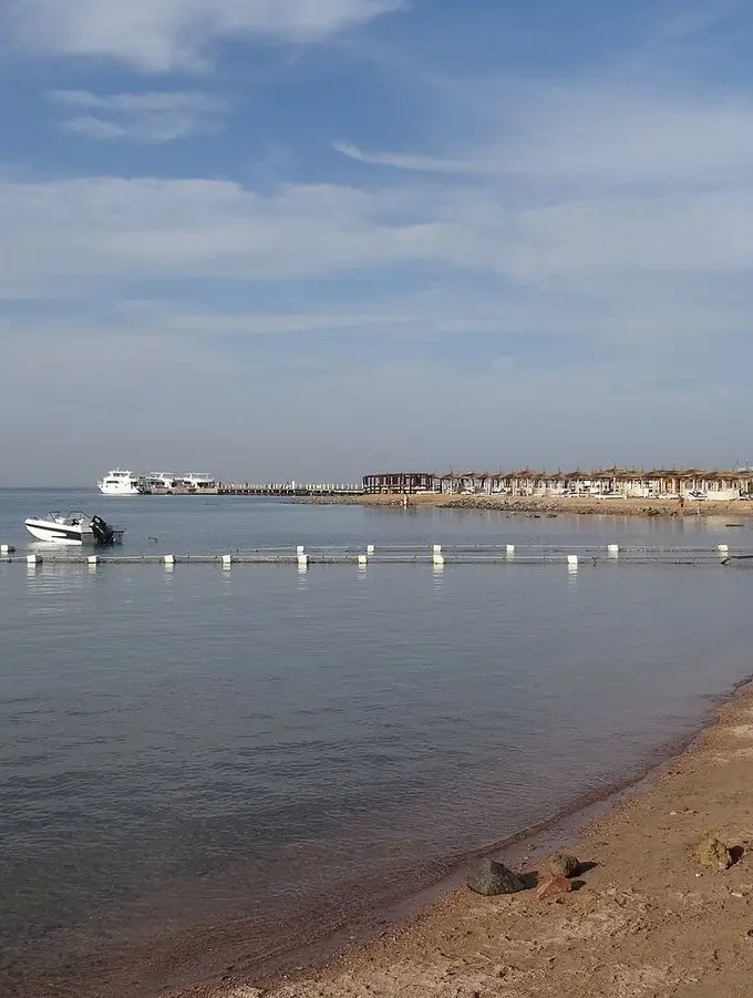 A quiet Red Sea beach with calm turquoise water along the shore