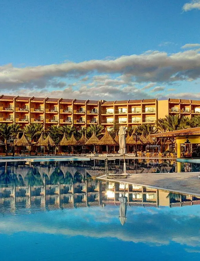 A beach resort on the Red Sea coast at Hurghada, Egypt, with the sea in the background