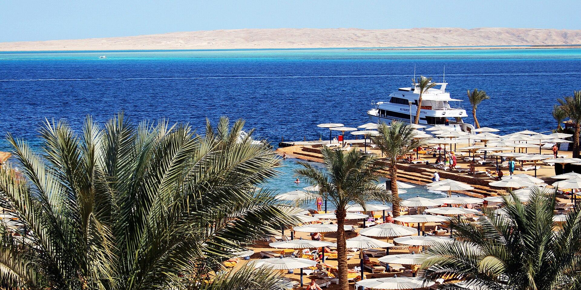 A hotel beach and small marina on the Hurghada seafront