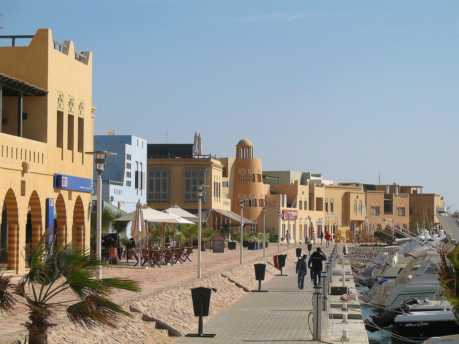 View of El Gouna, a resort town on Egypt's Red Sea coast, with waterways and buildings