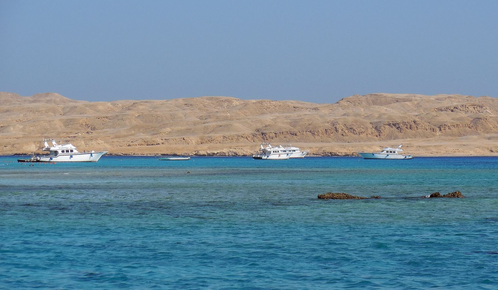 Scenic view of the Red Sea near Hurghada during a boat trip, with blue water under a clear sky