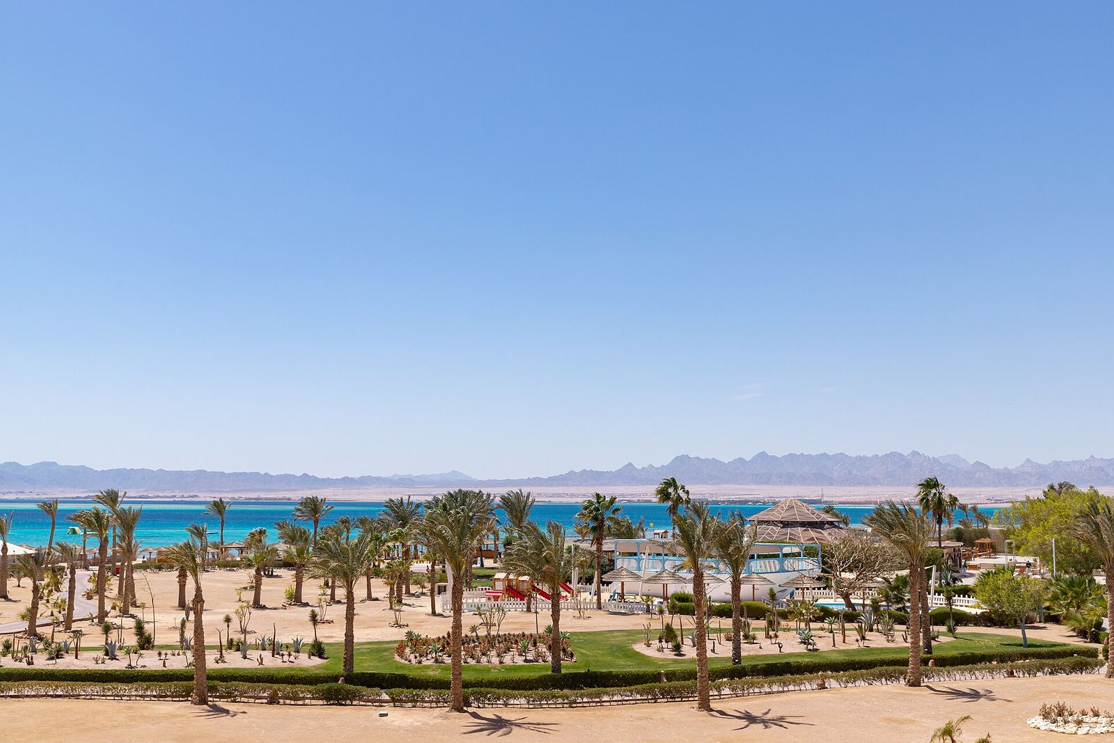 Aerial view of the sandy beach and turquoise shallow water at Soma Bay, Egypt