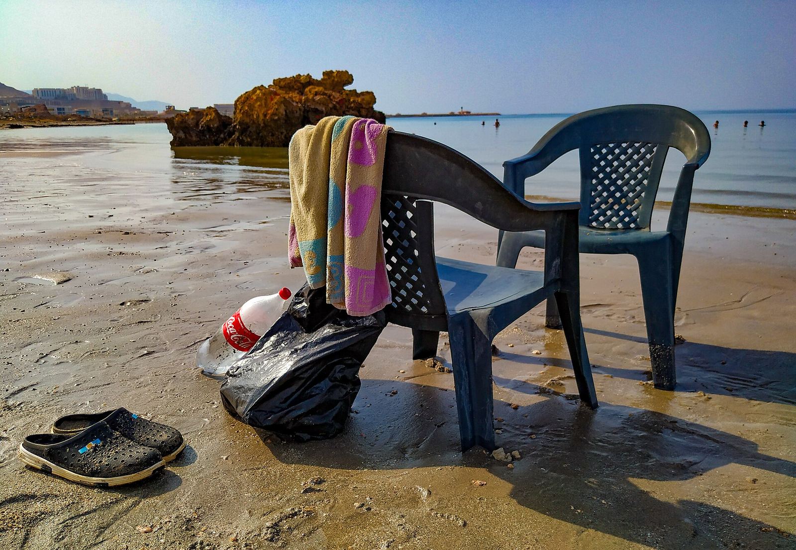 Shore of the Red Sea at Ain Sokhna, Suez, Egypt, showing calm water meeting the coastline