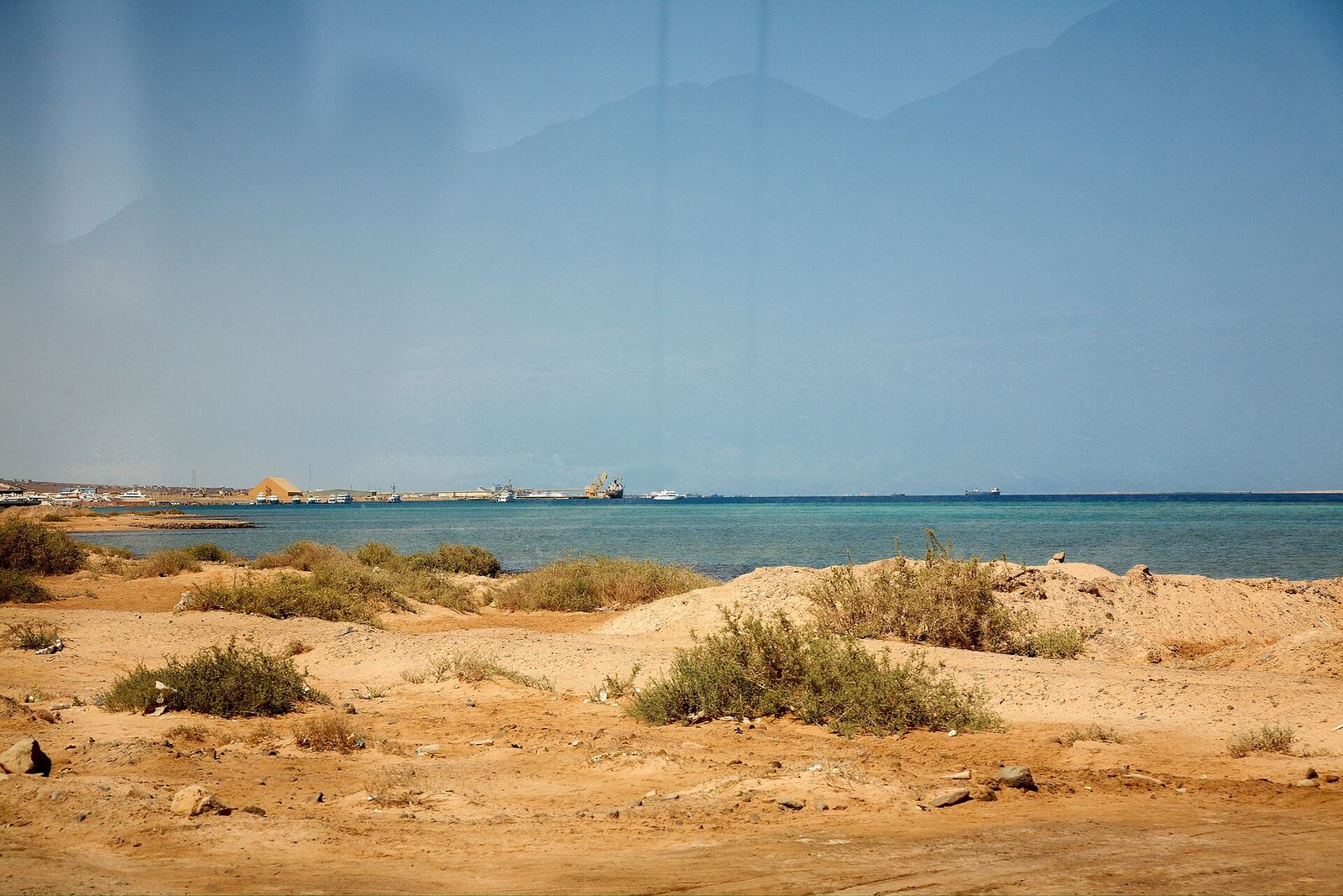 View of Port Safaga seen from the south, showing the working port and coastline on Egypt's Red Sea