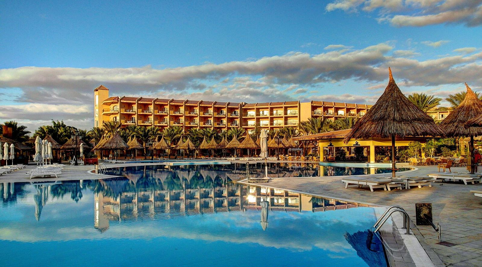 A beach resort on the Red Sea coast at Hurghada, Egypt, with the sea in the background